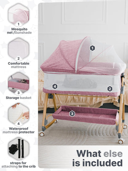 Earth&ME Baby Bassinet Bedside Sleeper with Rocking - All Mesh Portable Bedside Crib for Safe Co-Sleeping, Storage Basket and Wheels, Adjustable Height, Includes Travel Bag, Mosquito Net (Whate, Grey)