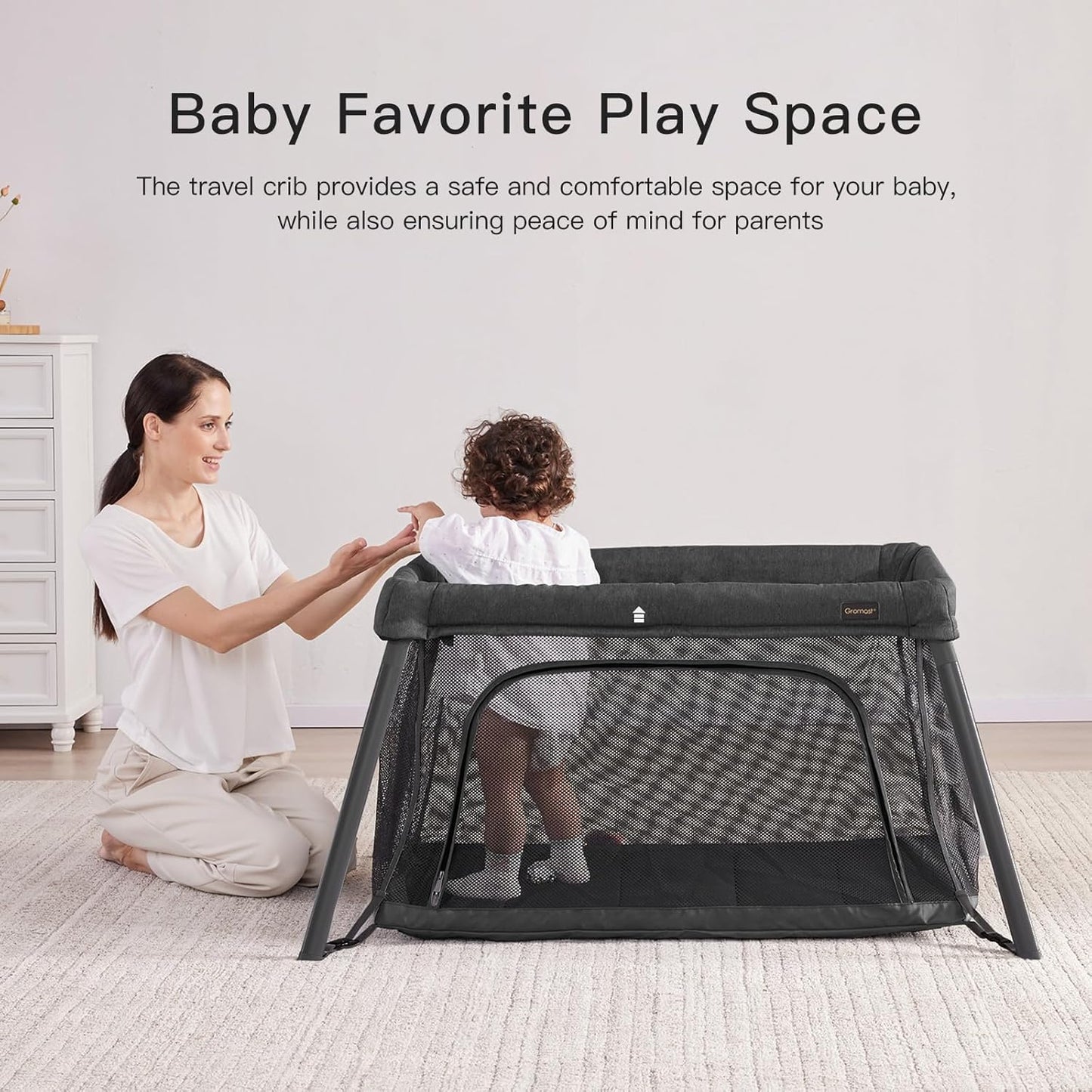 Gromast 2 in 1 Portable Travel Crib for Toddler, Foldable Crib for Baby, Lightweight Playpen Collapsible Playard with Soft Mattress, Easy to Carry Baby Travel Bed for Outdoor, Indoor (Grey)