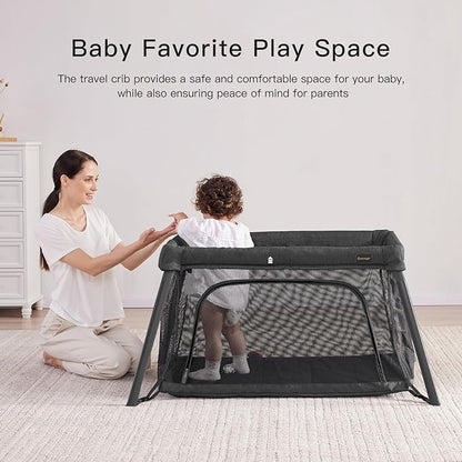 Gromast 2 in 1 Portable Travel Crib for Toddler, Foldable Crib for Baby, Lightweight Playpen Collapsible Playard with Soft Mattress, Easy to Carry Baby Travel Bed for Outdoor, Indoor (Black)