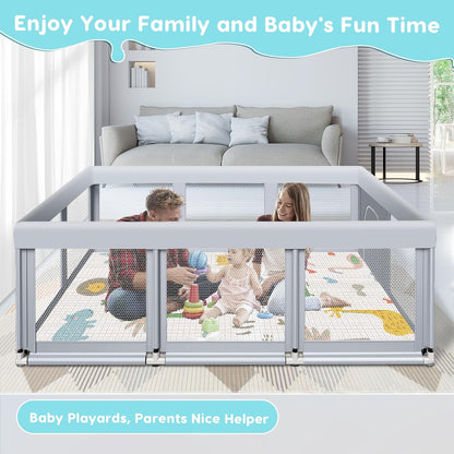 Fshibila 74" ×50" Large Baby Playpen, Baby Playard for Babies and Toddlers, Baby Fence Play Pens for Indoor & Outdoor, Sturdy Safety Play Yard with Soft Breathable Mesh, Anti-Fall, Grey