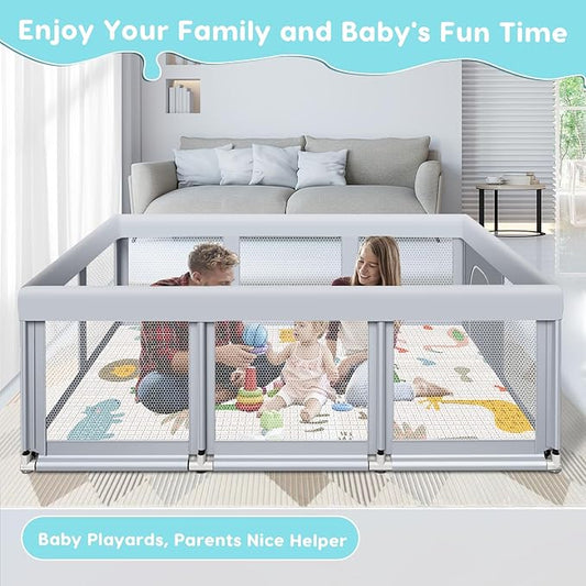 Fshibila 74" ×50" Large Baby Playpen, Baby Playard for Babies and Toddlers, Play Pens for Indoor & Outdoor, Sturdy Safety Play Yard with Soft Breathable Mesh, Anti-Fall, Grey (with MAT)