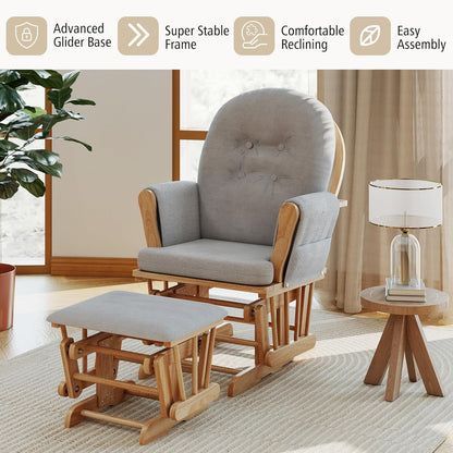 Costzon Nursery Glider with Ottoman, Upholstered Comfort Glider Rocker with Padded Cushion, Storage Pocket, Solid Wood Base, Rocking Chair Nursery for Breastfeeding, Napping (Light Gray)