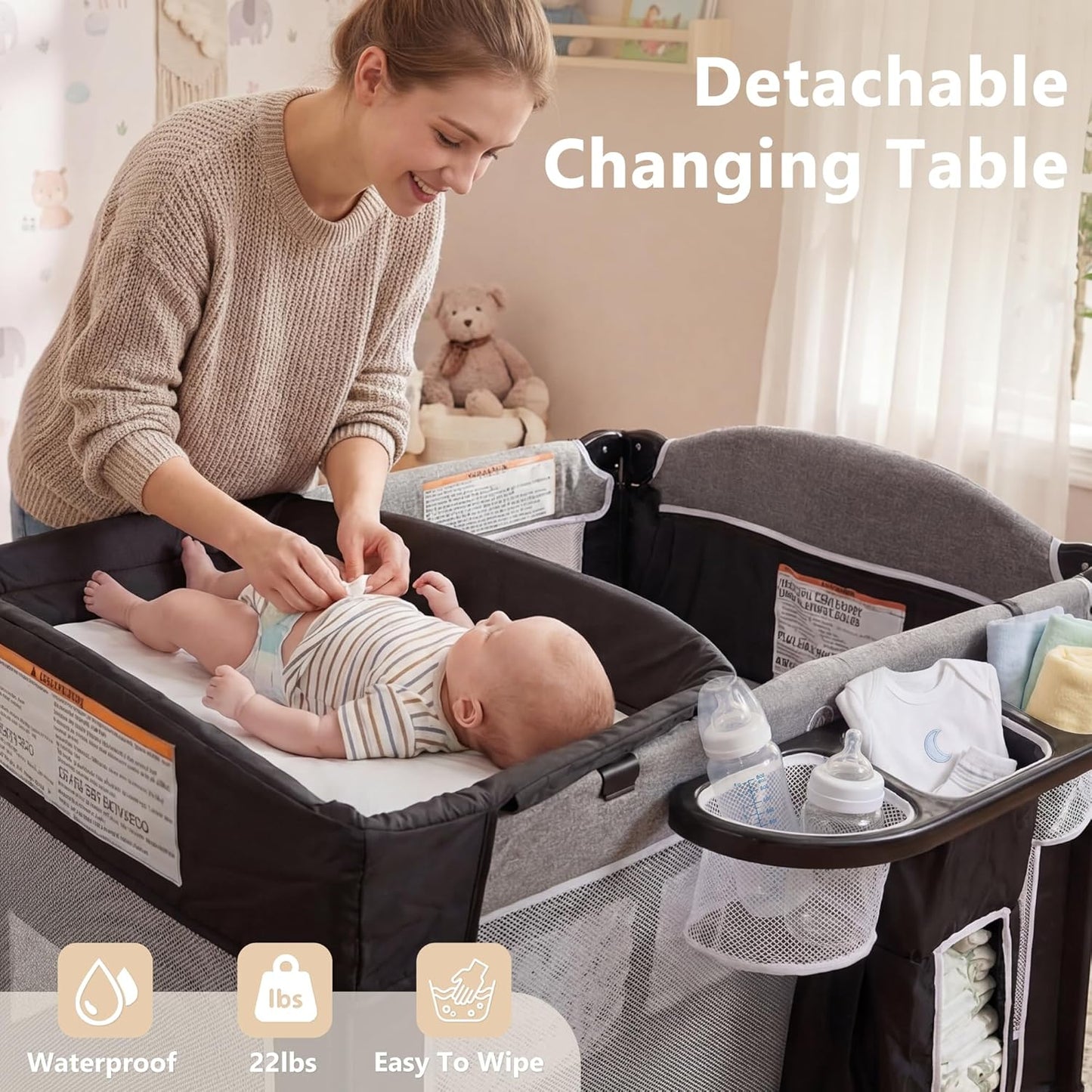 Kinder King 4 in 1 Portable Baby Playard, Foldable Baby Bedside Crib w/Bassinet, Infant Pack and Play Playard Toddler Large Playpen, Newborn Changing Table, Storage Basket, Grey