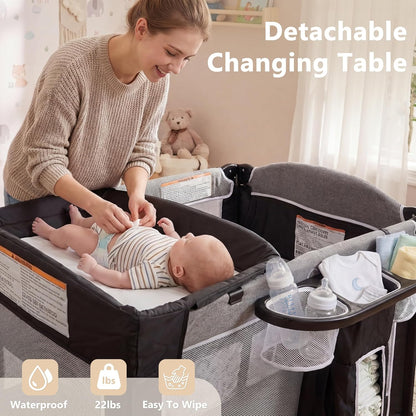 Kinder King 4 in 1 Portable Baby Playard, Foldable Baby Bedside Crib w/Bassinet, Infant Pack and Play Playard Toddler Large Playpen, Newborn Changing Table, Storage Basket, Grey