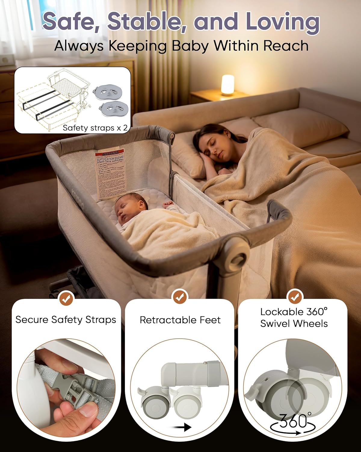 KRIDDO 2-in-1 Baby Bassinet for Infant, Bedside Bassinet with All-around Breathable Mesh, Lockable Wheels, Adjustable Height and Incline, Bedside Sleeper for Baby with Large Storage Basket, Light Grey