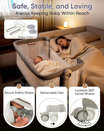 KRIDDO 2-in-1 Baby Bassinet for Infant, Bedside Bassinet with All-around Breathable Mesh, Lockable Wheels, Adjustable Height and Incline, Bedside Sleeper for Baby with Large Storage Basket, Light Grey