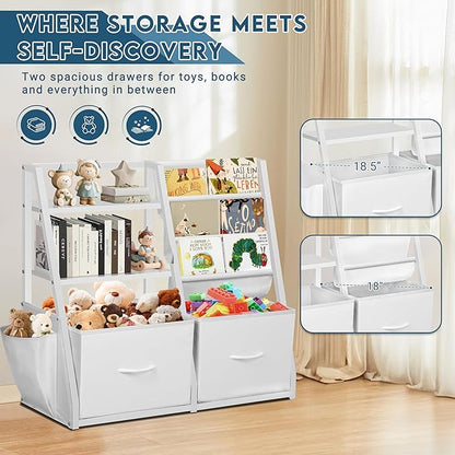 LOFTEY Kids Bookshelf and Toy Storage, Book Shelf for Kids Room, Toddler Montessori Bookshelf with 2 Drawers, Baby Book Shelf for Nursery, Toy Organizer, White