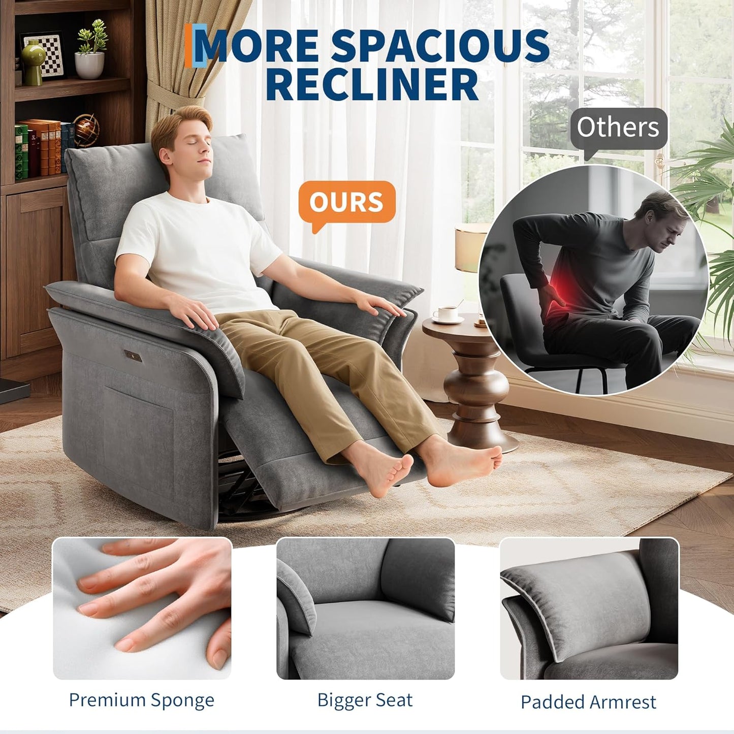 Power Recliner Chair, 270° Swivel Rocking Glider with USB Charging Port, PU Leather Upholstered Fabric and Button Tufted Backrest, Ergonomic Nursery Chair for Living Room (Beige)
