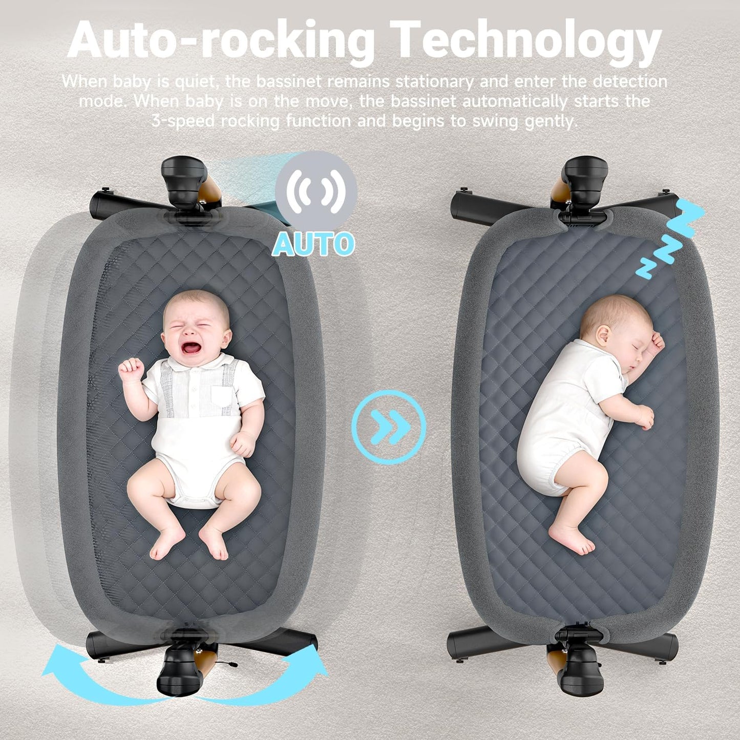 Electric Baby Bassinet, 7 Height Adjustable Rocking Bassinet for Baby, Auto Infant Sleeper with Timer, 12 Lullabies, Wheels, Smart Rocking Crib for Newborns, Beige