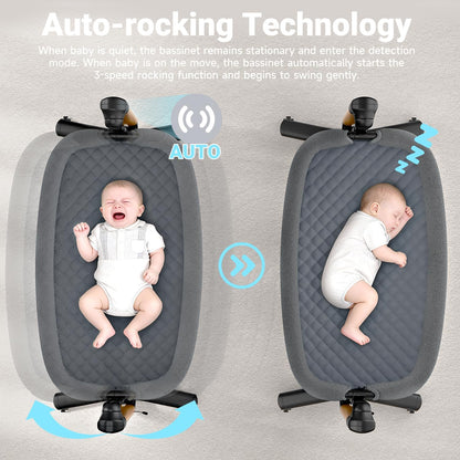Electric Baby Bassinet, 7 Height Adjustable Rocking Bassinet for Baby, Auto Infant Sleeper with Timer, 12 Lullabies, Wheels, Smart Rocking Crib for Newborns, Beige