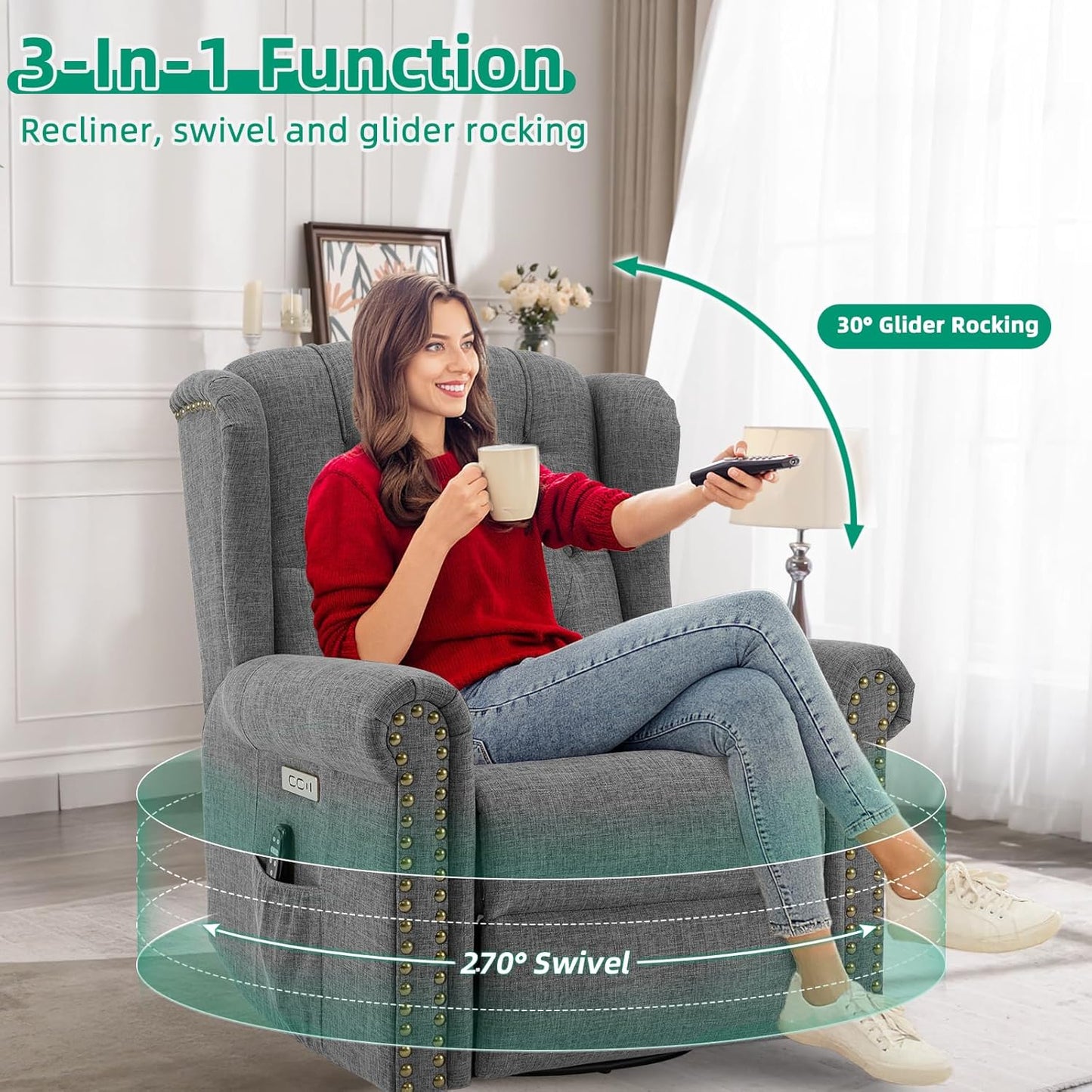 VIVIJASON Power Swivel Rocking Recliner Chair with Massage & Heat, Electric Rocker Nursery Glider Chair, Wingback Tufted Upholstered Recliner W/Type-C & USB Ports for Living Room, Bedroom, Beige