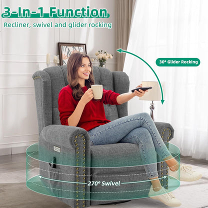 VIVIJASON Power Swivel Rocking Recliner Chair with Massage & Heat, Electric Rocker Nursery Glider Chair, Wingback Tufted Upholstered Recliner W/Type-C & USB Ports for Living Room, Bedroom, Beige