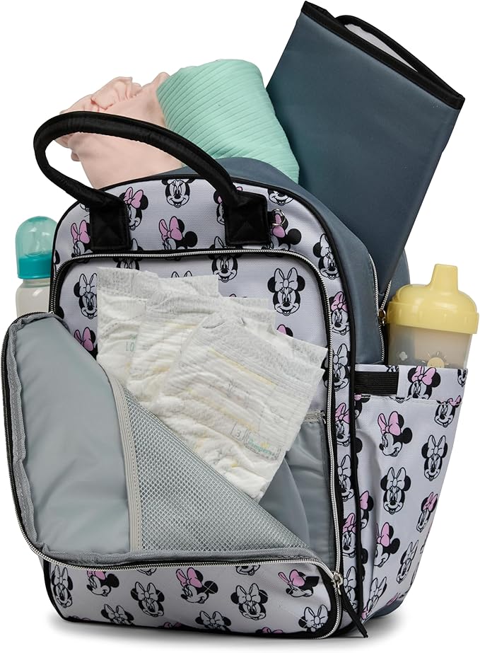 Disney Diaper Bag Backpack with Changing Pad Minnie Mouse – 16” Nylon Baby Bag for Parents, Insulated Bottle Holders, Multiple Storage Pockets