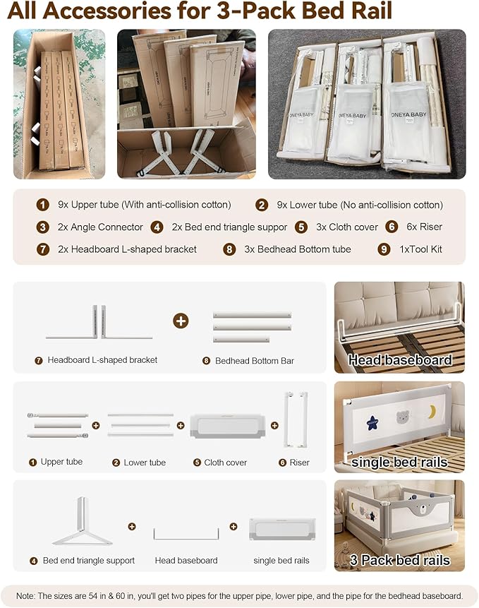 3 Piece Full Size Bed Rails for Toddlers, No-Drill Needed Baby Bed Rail Guard with Height Adjustable, Thickened Child Safety Side Railing Guards/Bedrail for Kids,Grey Bear Cute Design, 54x74.8x74.8in