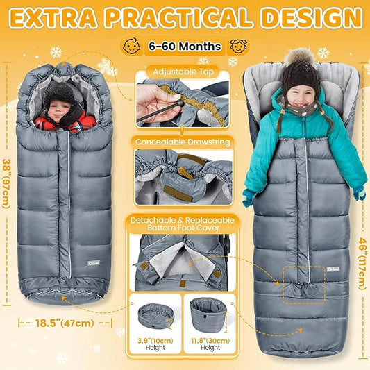 Orzbow Universal Stroller Bunting Bag with Extra Footmuff for Toddler, Kids, Warm Waterproof Stroller Blanket, Winter Cover, Baby Bunting Bag - Protect Babies from Cold Winds, Grey