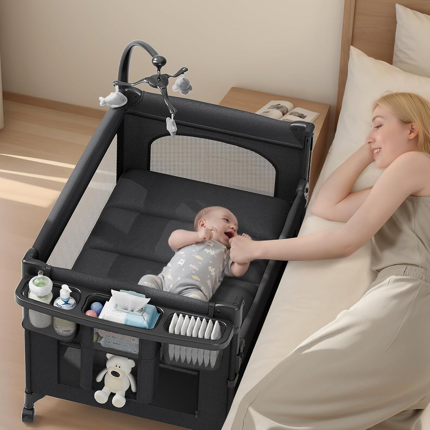 TinyGlow 4 in 1 Baby Bassinet, Pack and Play, Bedside Crib Sleeper, Diaper Changer, Quickly Assembled and Folded Portable Crib with Mattress and Mosquito Net, Easy to Carry