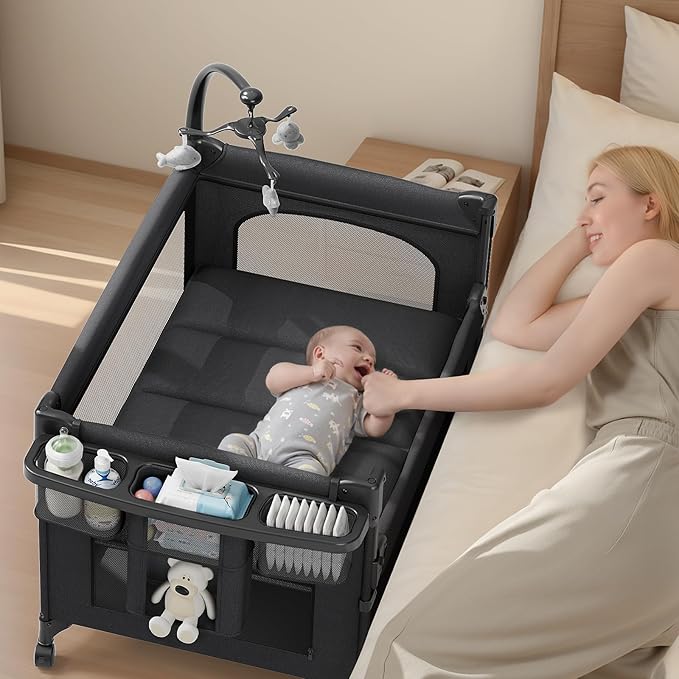 TinyGlow 4 in 1 Baby Bassinet, Pack and Play, Bedside Crib Sleeper, Diaper Changer, Quickly Assembled and Folded Portable Crib with Mattress and Mosquito Net, Easy to Carry