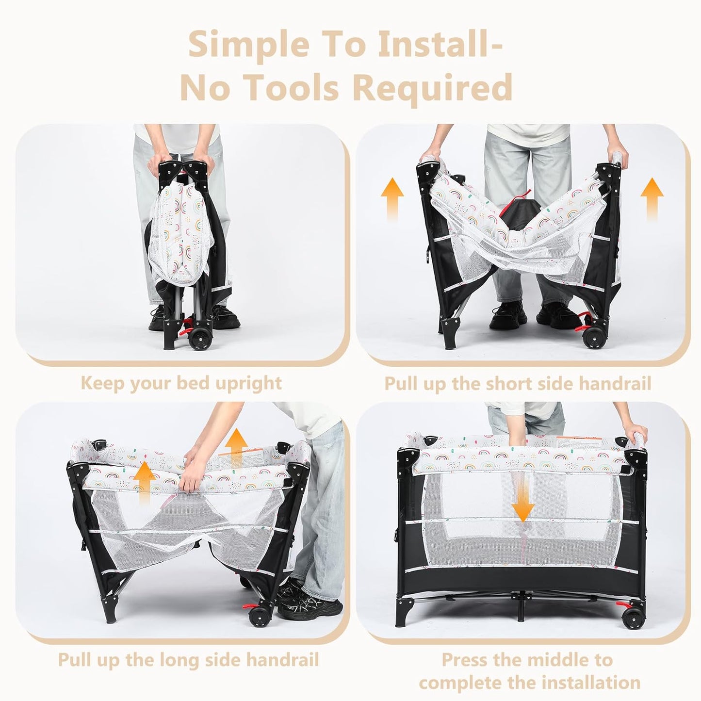 Kinder King 4 in 1 Portable Baby Playard, Foldable Baby Bedside Crib w/Bassinet, Infant Pack and Play Playard Toddler Large Playpen, Newborn Changing Table, Storage Basket, Grey