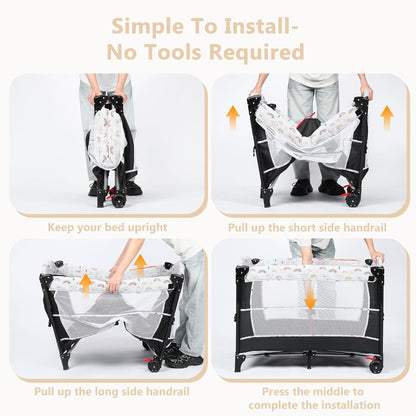 Kinder King 4 in 1 Portable Baby Playard, Foldable Baby Bedside Crib w/Bassinet, Infant Pack and Play Playard Toddler Large Playpen, Newborn Changing Table, Storage Basket, Grey