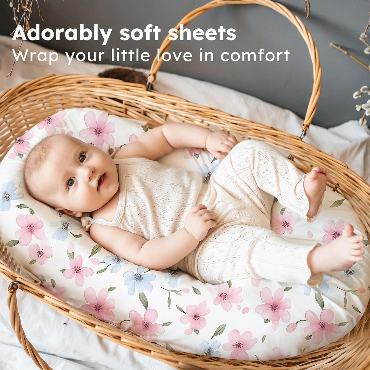 Baby Bedside Bassinet Sheets Girl, 33”x20” Compatible with Baby Delight Dream On Me & Most Rectangle Bedside Sleeper Bassinet Mattress, Super Soft Microfiber Pink Butterfly Flower