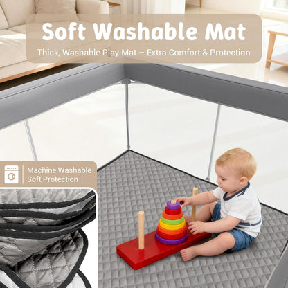 Foldable Baby Playpen, 50"×50" Collapsible Play Yard for Babies and Toddlers, No Assembly Required, Kids Safety Play Area with 4 Handles, 50 Balls and Visible Mesh, Black
