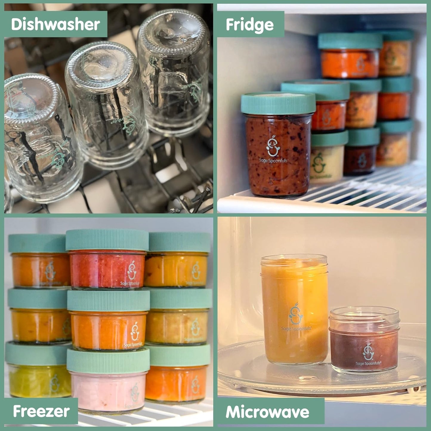 Sage Spoonfuls -12 Pack, 4 oz Baby Food Jars, Glass Baby Food Containers with Lids - Freezer Storage, Leakproof, Reusable Small Glass Baby Food Containers, Microwave & Dishwasher Friendly