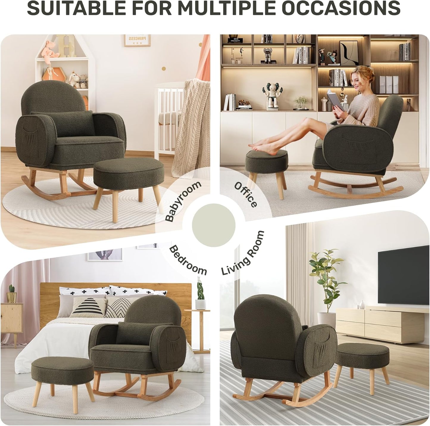 HCHAIRH Nursery Rocking Chair with Ottoman, Upholstered Glider Rocker with High Backrest Side Pocket, Rocking Accent Armchair with Solid Wood Legs for Nursery, Living Room, Bedroom, Light Grey