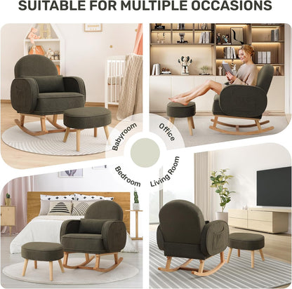 HCHAIRH Nursery Rocking Chair with Ottoman, Upholstered Glider Rocker with High Backrest Side Pocket, Rocking Accent Armchair with Solid Wood Legs for Nursery, Living Room, Bedroom, Light Grey