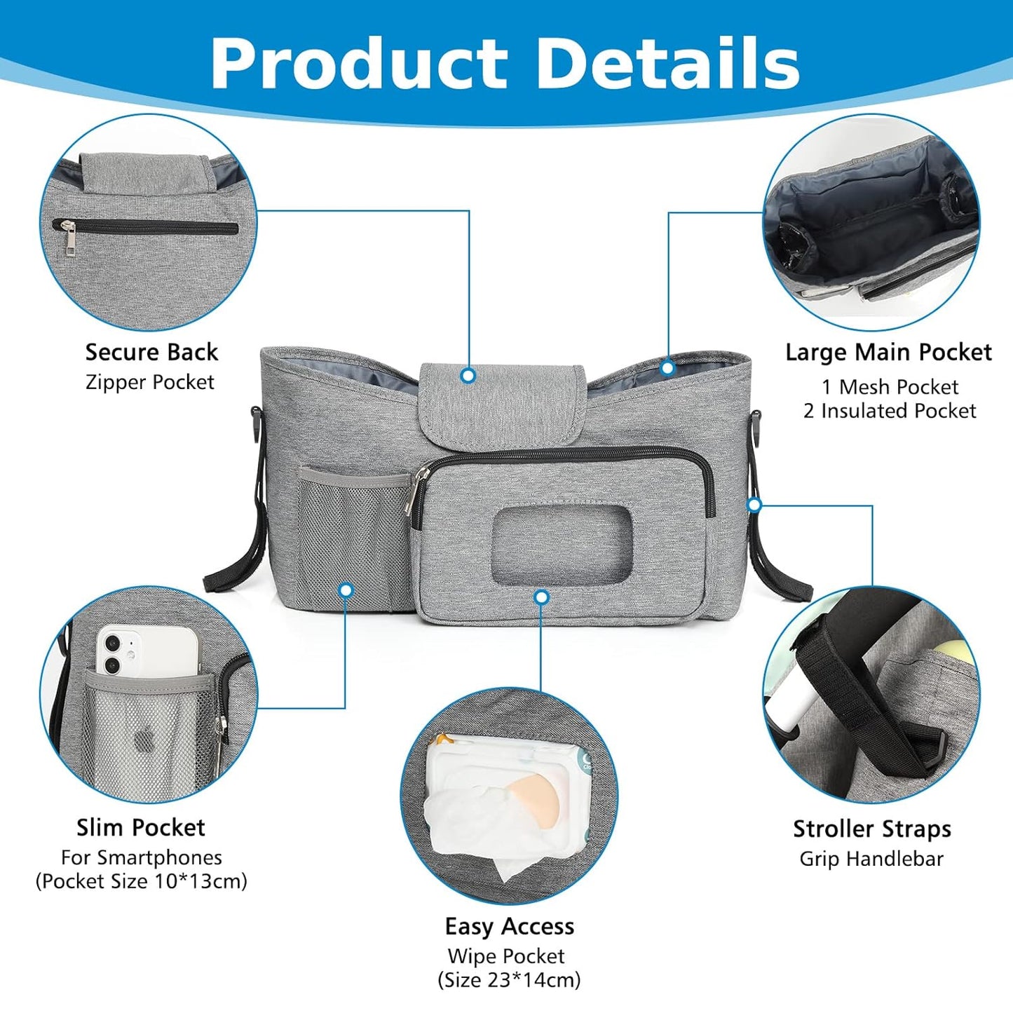 Accmor Universal Stroller Organizer with Insulated Cup Holder, Stroller Caddy Bag Accessories, Stroller Cup Holder Organizer for Uppababy Baby Jogger Britax Stroller, Black