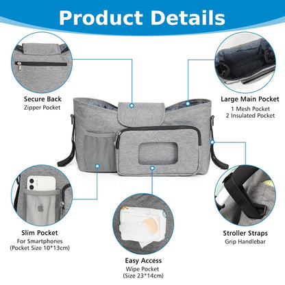 Accmor Universal Stroller Organizer with Insulated Cup Holder, Stroller Caddy Bag Accessories, Stroller Cup Holder Organizer for Uppababy Baby Jogger Britax Stroller, Black