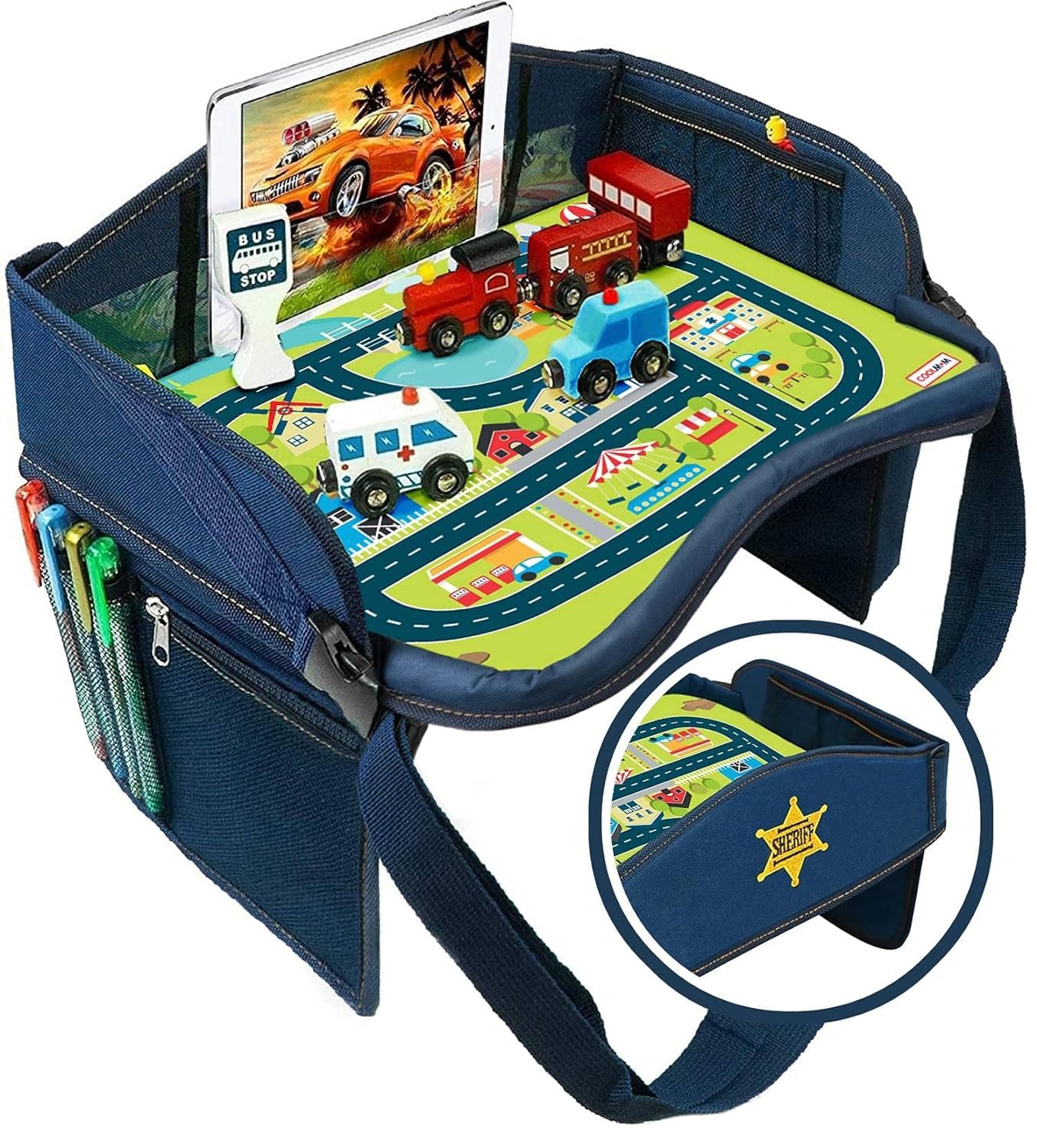 Coolmum Kids Travel Tray, Toddler Car Seat Tray, Double Sided Activity Organizer, Snack Lap Tray, Baby Stroller Table, Airplane Play Table, Waterproof and Foldable (Premium Red)