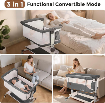 Baby Bassinet, Bedside Sleeper for Newborns Convertible Co-Sleeper Crib with Breathable Mesh, 6-Level Height Adjustment, Built-In Storage, Foldable Portable Bassinet for Home or Travel, Pink & Purple
