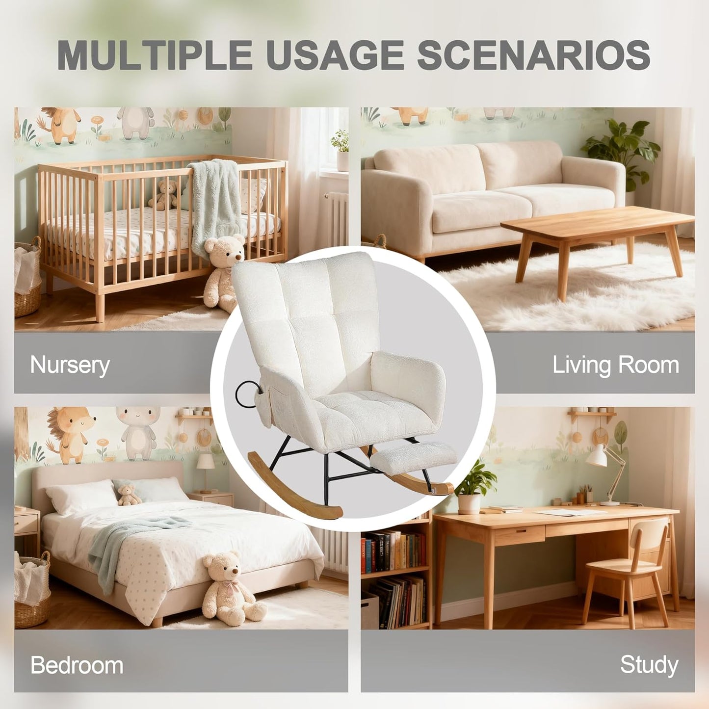 Rocking Chair Nursery with Airbag, Comfy Modern Nursery Rocking Reading Chair indoor with Footrest, Cozy Upholstered Glider Rocker Chairs for Living Room Bedroom Offices(Chenille, Dark Grey)