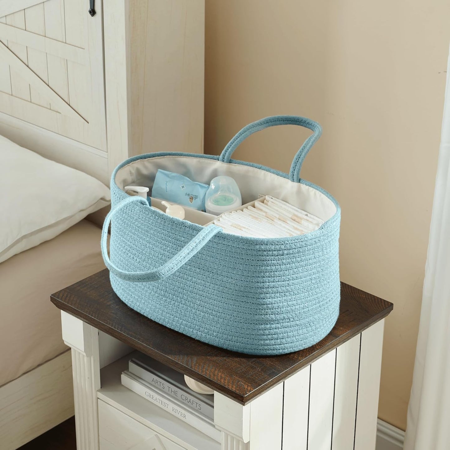 luxury little Diaper Caddy Organizer, Large Cotton Rope Nursery Baby Basket, Changing Table Organizer for Baby Diaper Storage, Portable Car Organizer Removable Divider (Off White, Large)