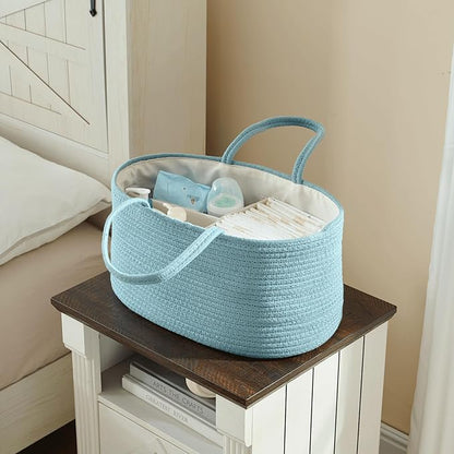 luxury little Diaper Caddy Organizer, Large Cotton Rope Nursery Baby Basket, Changing Table Organizer for Baby Diaper Storage, Portable Car Organizer Removable Divider (Lake Blue, Large)