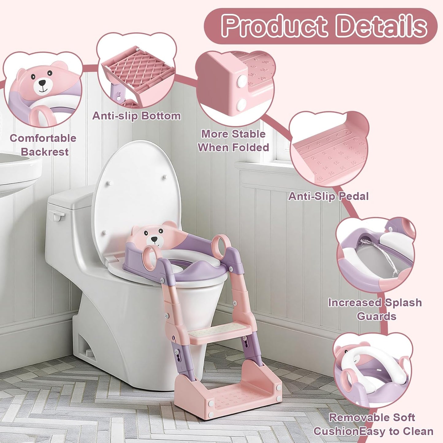 Potty Training Seat,Toddler Toilet Seat for Boys Girls,3-in-1 Potty Training Toilet and Chair with Step Stool Ladder,Anti-Slip Height Adjustable Foldable Splash Guard for Kids (Grey)