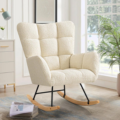 Furniliving Nursery Rocking Chair Upholstered Glider Rocking Chair Modern Accent Chair Padded Seat Reading Chair with High Backrest Comfy Chair for Living Room, Bedroom, Nursery, Black, Teddy