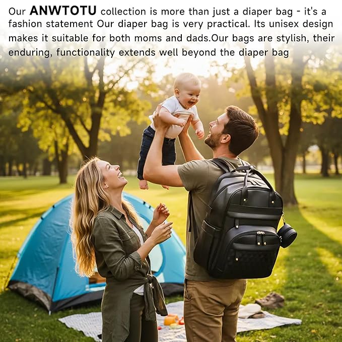 ANWTOTU Leather Baby Diaper Bags with Changing Station,Extra large Capacity Baby Diaper Bag Backpack,Waterproof Baby Essentials(Black)