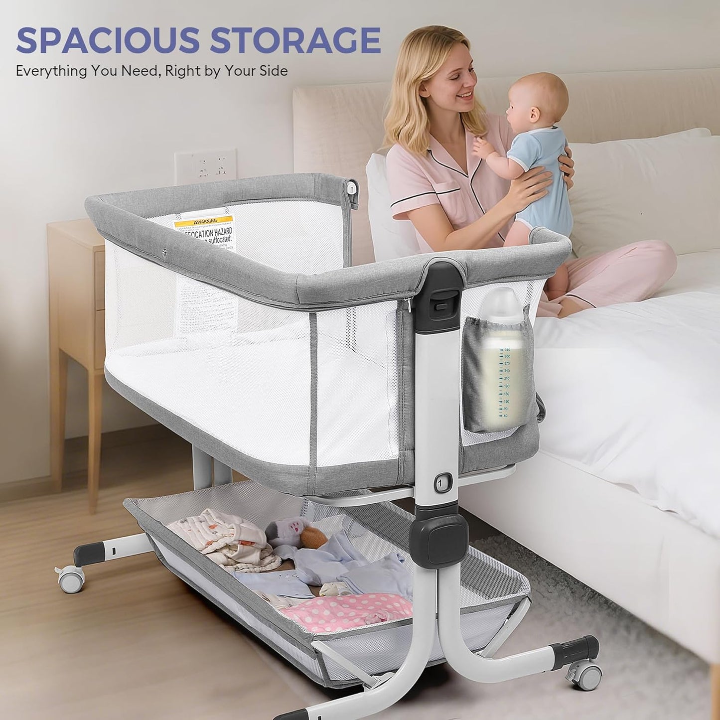 MOMFANN Baby Bassinet Bedside Sleeper, Upgraded Stability Bedside Crib with Full Mesh Sides, Soft Sheet, 6-Height Adjustment, Storage Basket, Easy Folding Portable Bassinet for Newborns, Gray