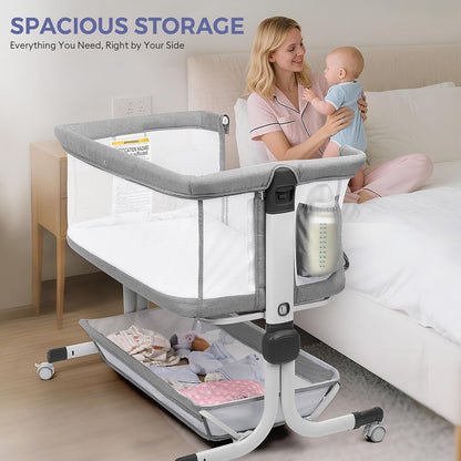 MOMFANN Baby Bassinet Bedside Sleeper, Upgraded Stability Bedside Crib with Full Mesh Sides, Soft Sheet, 6-Height Adjustment, Storage Basket, Easy Folding Portable Bassinet for Newborns, Gray