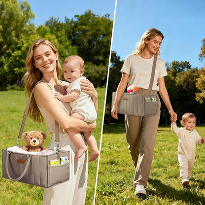 Zooawa Baby Diaper Caddy Organizer, Portable Nursery Storage Basket with Compartments, Handle & Shoulder Strap for Newborn Baby Essentials, Gift for Baby Shower, Nursery, Travel, Car, Matcha Green