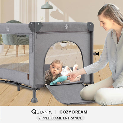 QUTANIX 2-in-1 Pack and Play with Mattress,Baby Bassinet Bedside Sleeper, Bedside Bassinet & Baby Playpen, Easy Folding Portable Crib for Newborn to Toddlers (Dark Grey)