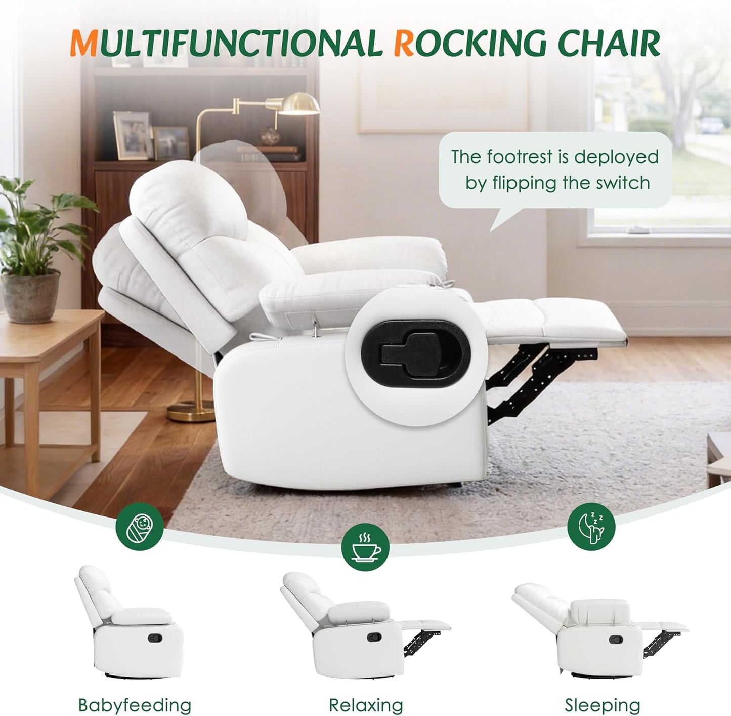 Nursery Glider Recliner with Adjustable Armrests, Oversized Comfortable Nursing Chair for Breastfeeding Moms, 360°Swivel, 90°-160° Recline, Quiet Rocking Chair Nursery for Living Room, White