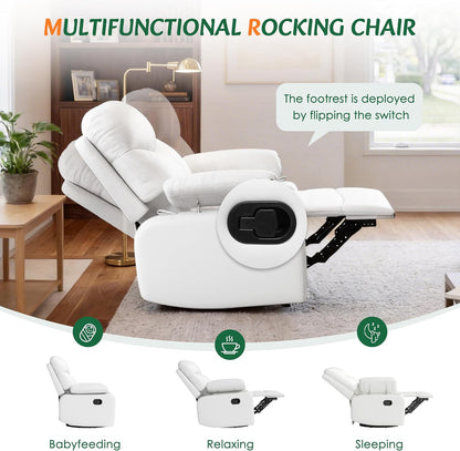 Nursery Glider Recliner with Adjustable Armrests, Oversized Comfortable Nursing Chair for Breastfeeding Moms, 360°Swivel, 90°-160° Recline, Quiet Rocking Chair Nursery for Living Room, White