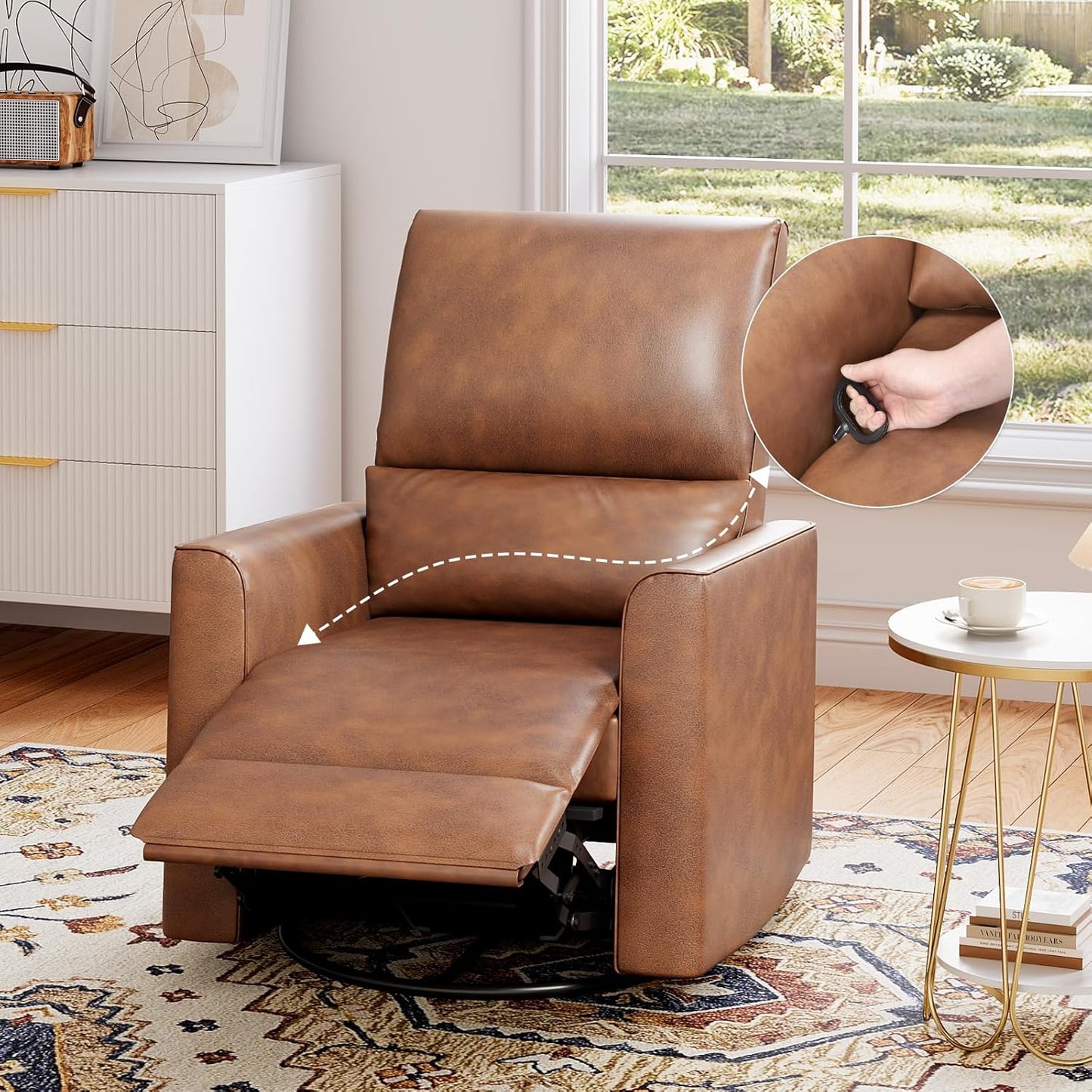 GAOMON Swivel Rocking Recliner Chair, Manual Leather Recliner Glider with Lumbar Support & Padded Armrest, Comfortable Rocker Nursery Single Sofa for Living Room and Bedroom (Cream)
