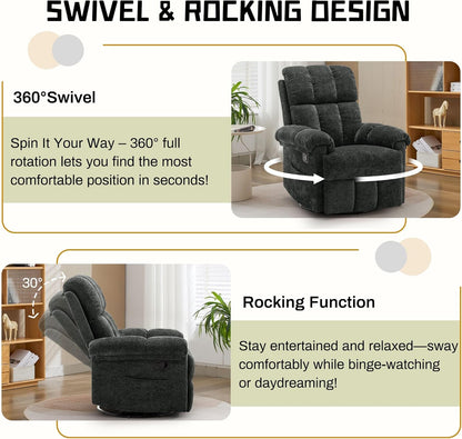 Korser Recliner Chair, Swivel Rocker Recliner Chair for Adults, Small Recliners for Small Spaces, Upholstered Manual Recliner with Side Pockets, Nursery Rocking Chair for Living Room, Chenille, Beige