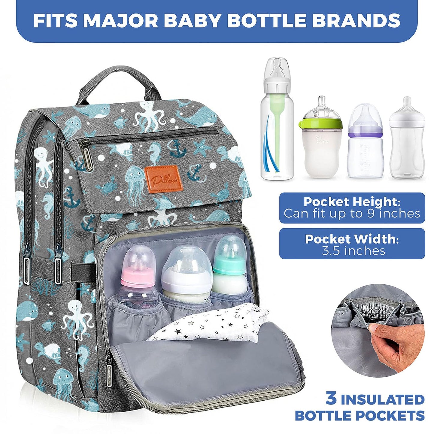 PILLANI Baby Diaper Bag Backpack - Large Waterproof Travel Diaper Bag for Boys & Girls, 16 Organizer Pockets with Changing Pad, Insulated Bottle Pockets & Stroller Straps, Baby Shower Gifts, Dinosaur