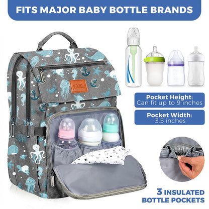PILLANI Baby Diaper Bag Backpack - Large Waterproof Travel Diaper Bag for Boys & Girls, 16 Organizer Pockets with Changing Pad, Insulated Bottle Pockets & Stroller Straps, Baby Shower Gifts, Dinosaur