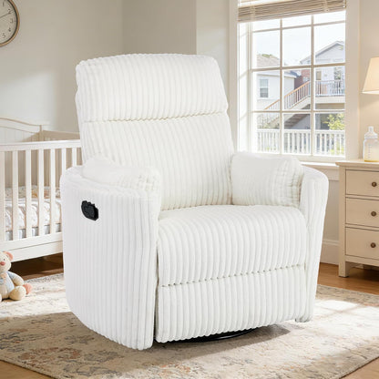Oversized Swivel Rocking Chair, Manual Large Rocker Recliner Chairs for Adults, Corduroy Nursery Glider Barrel Chair with 2 Pillows, Wide Recliner for Living Room, Bedroom, Nursery, White
