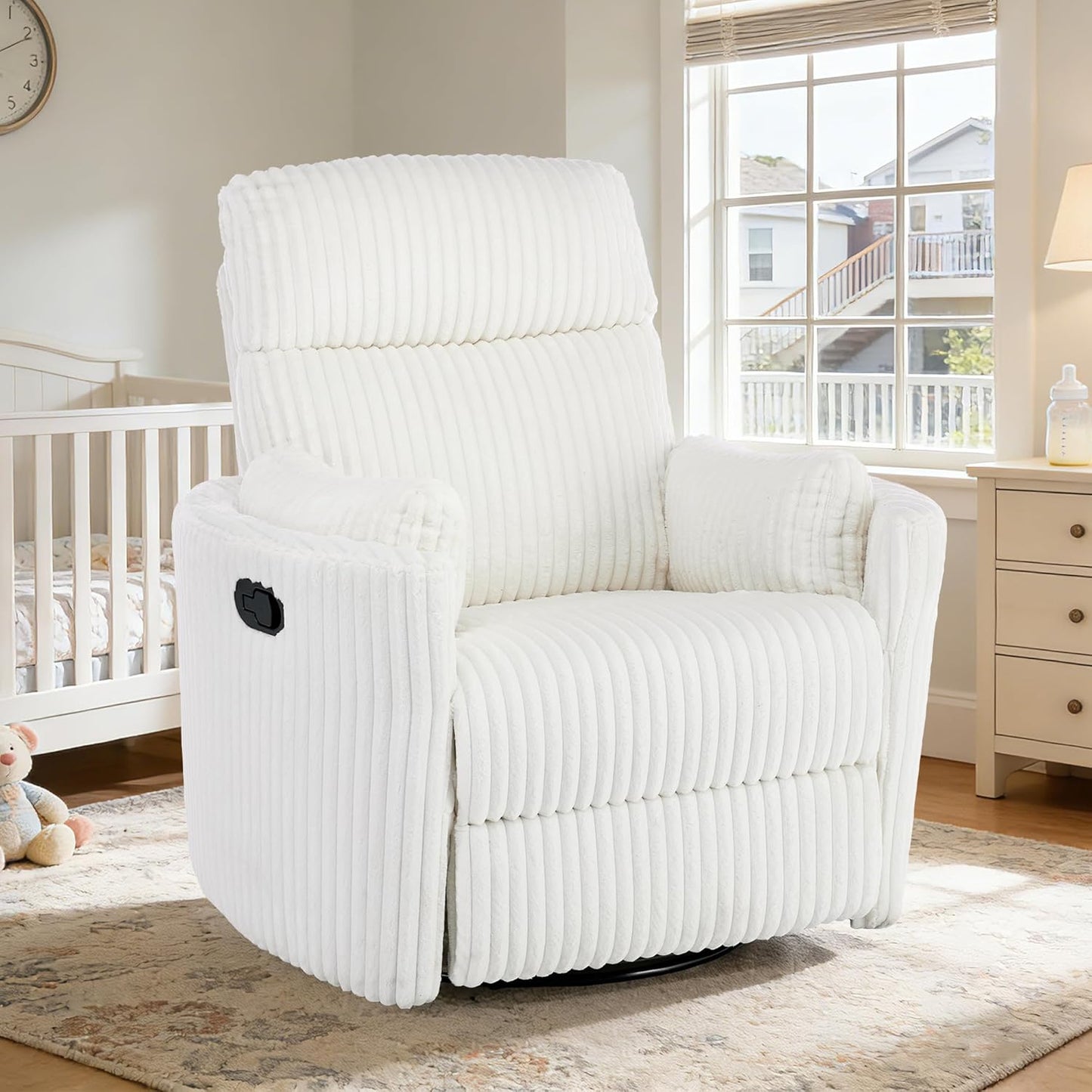 Swivel Rocking Chair for Adults, Oversized Rocker Recliner，Nursery Glider Chair with 2 Pillows, Manual Wide Recliner Single Sofa Barrel Armchair for Living Room, Bedroom, Nursery, White